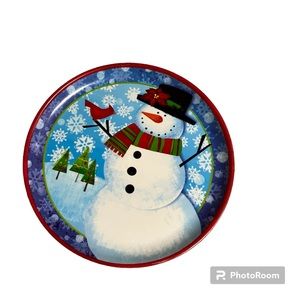 ⛄️AMSCAN: Large round snowman & cardinal theme serving platter, preowned.